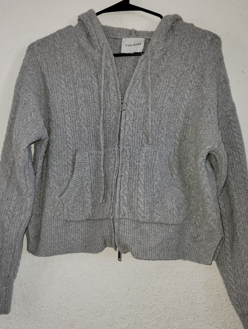Pink Rose Women's Gray Cable Knit Zip Hoodie Sweater